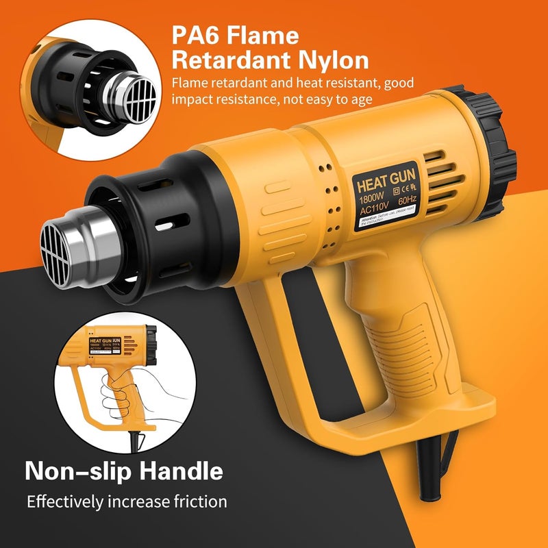 TGK Heat Gun, ® 1800W Heavy Duty Hot Air Gun Kit 662℉ & 1112℉ Dual Temperature Settings with 4 Nozzle Attachments Overload Protection for Crafts, Shrink Wrapping/Tubing, Paint Removing, Epoxy Resin - Image 3